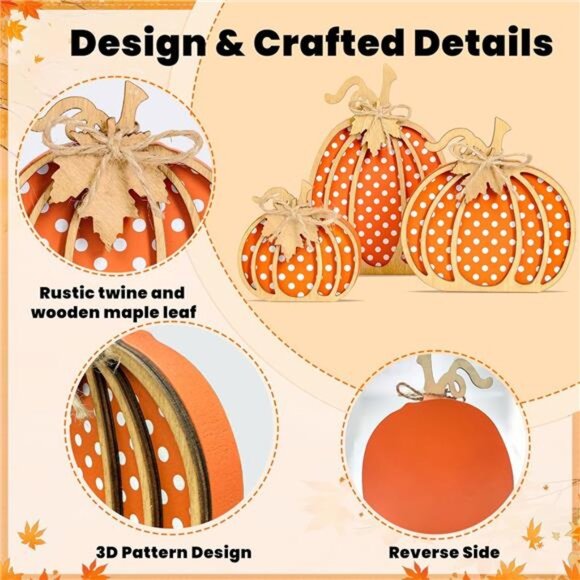 Fall Pumpkin Decor, Thanksgiving Fall Decorations for Home, Wooden Pumpkin - Picture 4 of 8